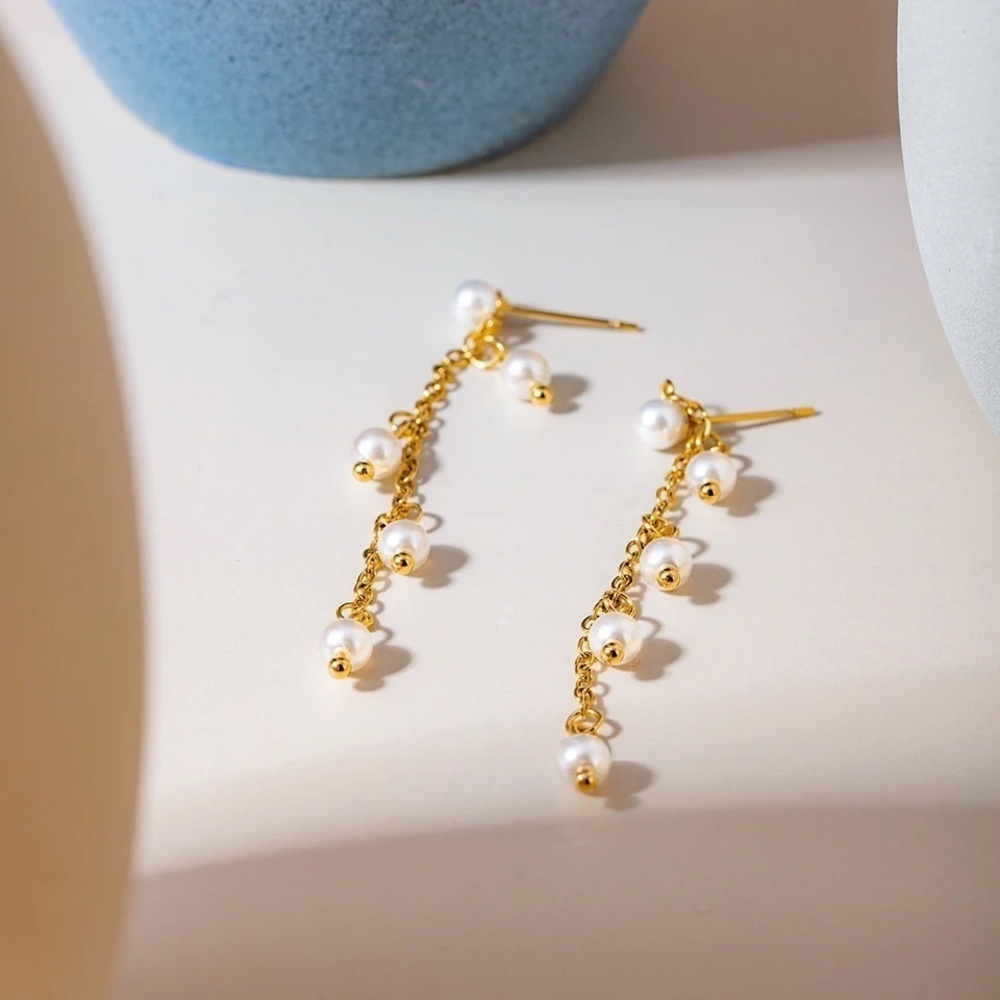 18k Gold Plated Pearl Fringe Earrings - Picture 6 of 7